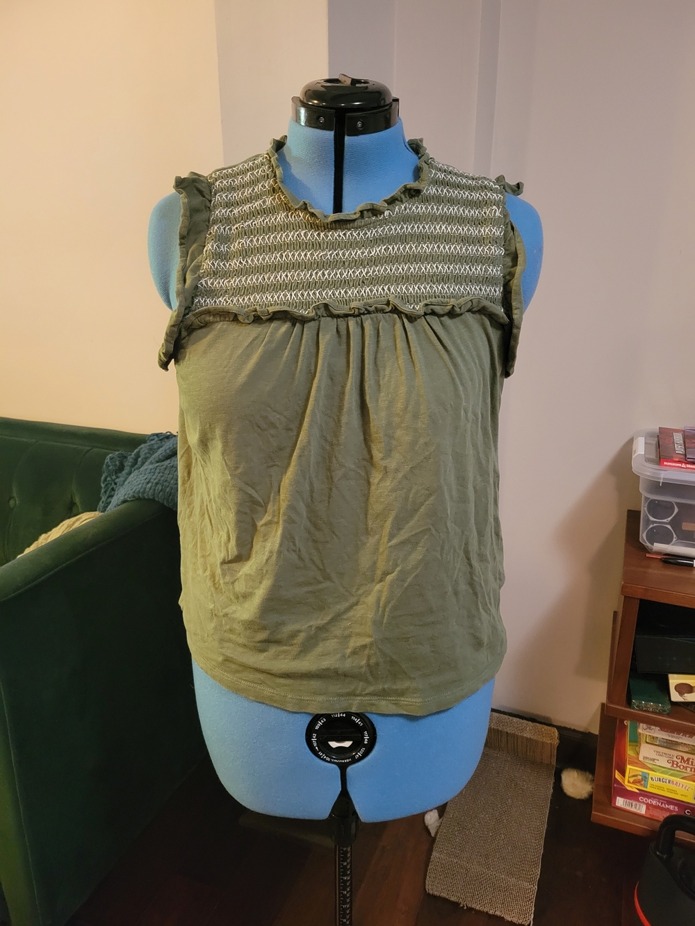 J Crew Green Sleeveless Smocked Yoke Top